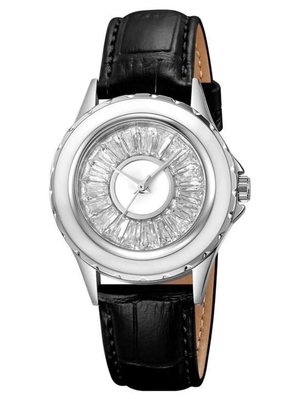 Luxury Silver Watch with Black Leather Strap